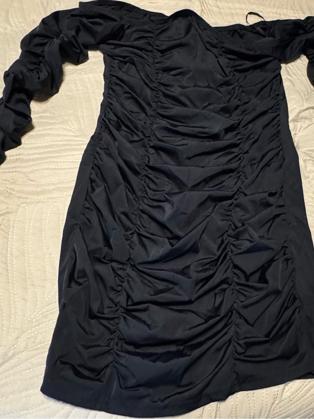 Ruched Black Long-Sleeve Mini Dress